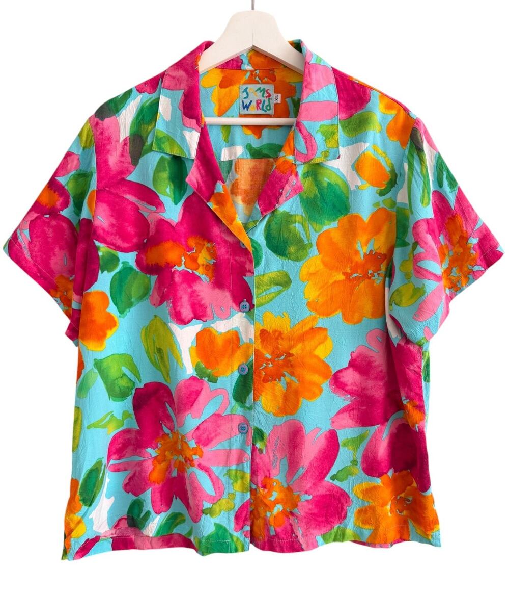 Jams World Button Up Shirt Womens XL Hawaiian Floral Tropical Aloha Vintage 90s